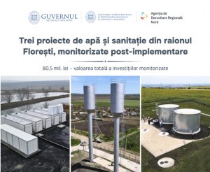 apa-floresti Banner announcing three water and sanitation projects in Florești, Moldova, monitored post-implementation (80.5 mil. lei); photos show storage tanks, tall silos, and treatment facilities.