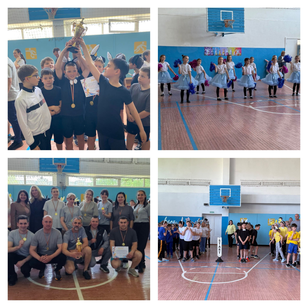 Group of children in a gym raising a trophy and wearing medals during a sports award ceremony.','Line of young girls in light blue tutus performing a dance routine in a gym with blue walls.','Group of adults and participants posing with medals and a trophy after a sports event in a gym.','Groups of kids and adults at a marked start line in a gym, with a prominent START sign.