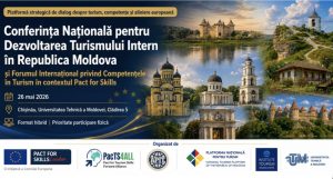 conferinta-turism Banner promoting a national conference on developing tourism in Moldova, with images of landmarks and logos at the bottom.