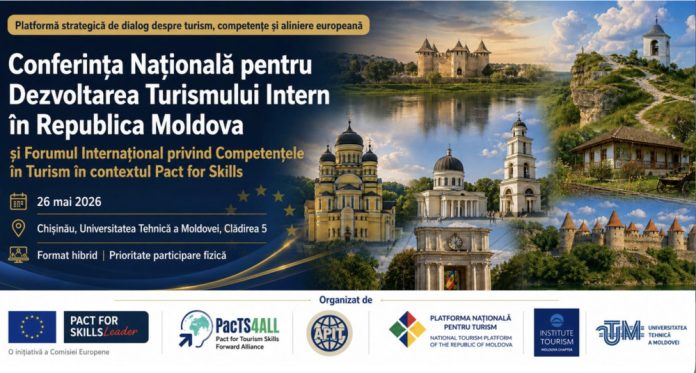 conferinta-turism Banner promoting a national conference on developing tourism in Moldova, with images of landmarks and logos at the bottom.
