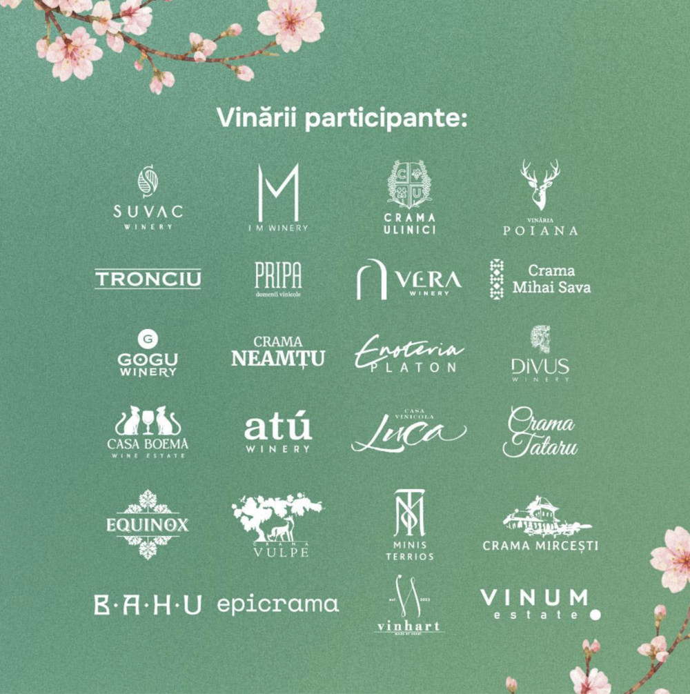Grid of participating winery logos for Vinării on a green floral background.