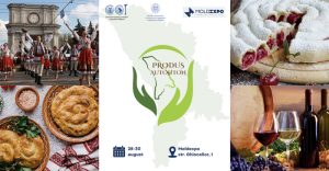 produs-autohton Collage promoting Moldexpo: traditional dancers, pastries, berry cake, wine, and expo logo on a Moldova map backdrop.
