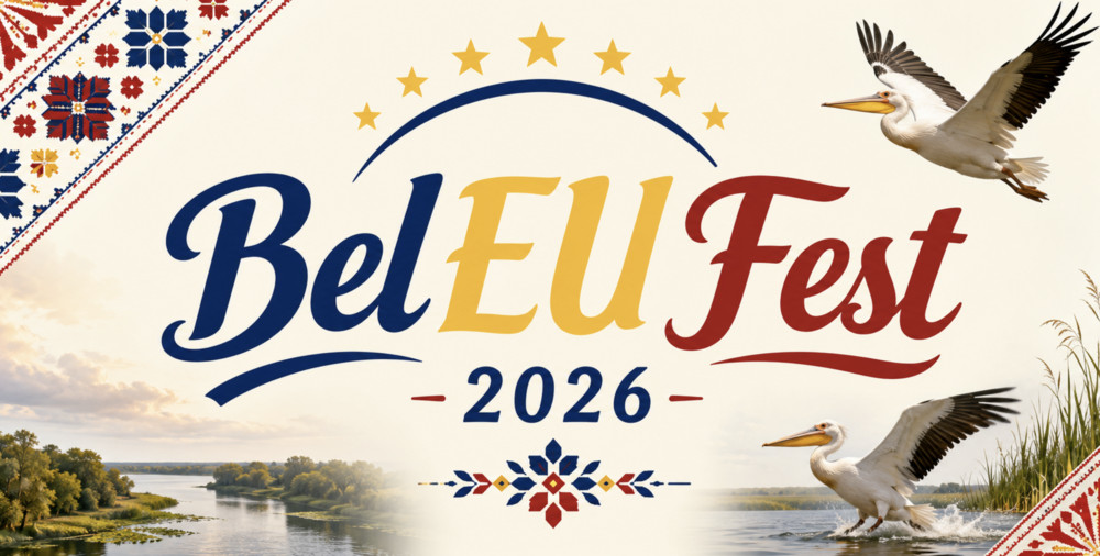Festival banner for BelEU Fest 2026 with river landscape, pelicans in flight, and decorative borders in red, blue, and gold orientation.