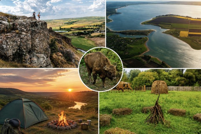 drumetie. Collage of rural landscapes: hikers on a cliff, winding river, a bison in a clearing, sunset camping with a tent and fire, and haystacks in a field.