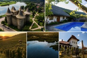 moldova-turism Medieval stone castle with conical towers beside a river and green grounds in a park-like setting, aerial viewfully.