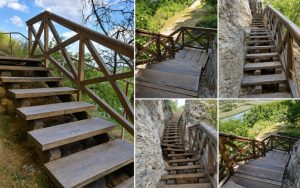tipova-scari1png Collage of rustic wooden stairs with railings along a rocky hillside, trees and a river in the background.
