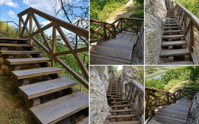 tipova-scari1png Collage of rustic wooden stairs with railings along a rocky hillside, trees and a river in the background.