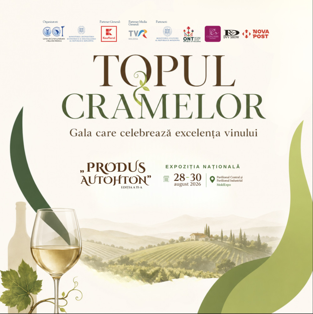 Poster for the 'Topul Crameelor' wine gala with a vineyard landscape, a wine glass in the foreground, a wine bottle silhouette on the left, and sponsor logos along the top.